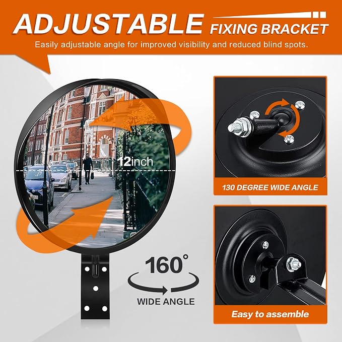 2Pcs 12" Convex Security Corner Mirror (Clear View) - Adjustable Fixing Bracket, Wide Angle, Indoor and Outdoor Use - Ideal for Warehouse, Office, Parking Garage, and Traffic Safety (Black)