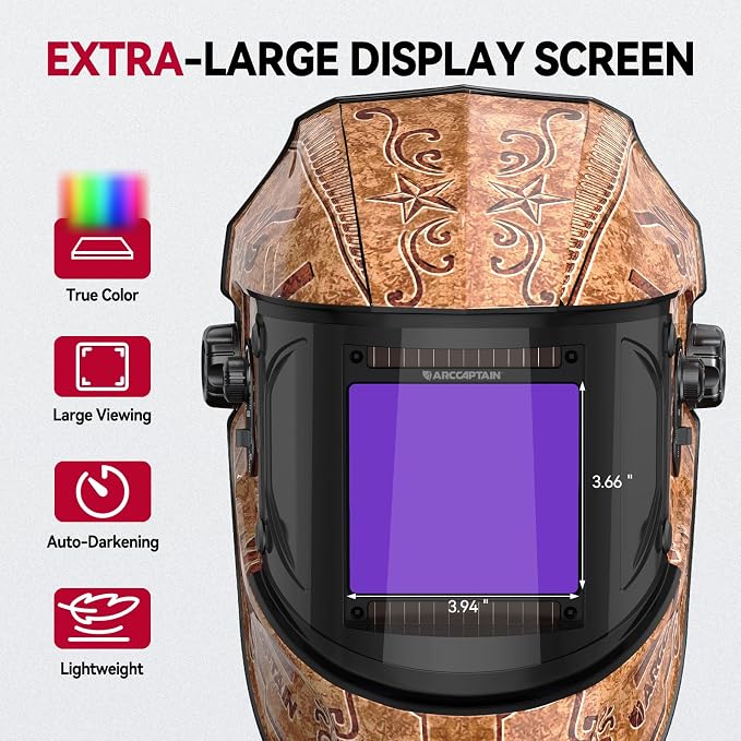ARCCAPTAIN Large Viewing Screen 3.93"X3.66" Welding Helmet, True Color 1/1/1/1 Solar Power Auto Darkening Welding Hood with 4 Arc Sensor, Wide Shade 4/5-9/9-13 for TIG MIG ARC, Woodcarving