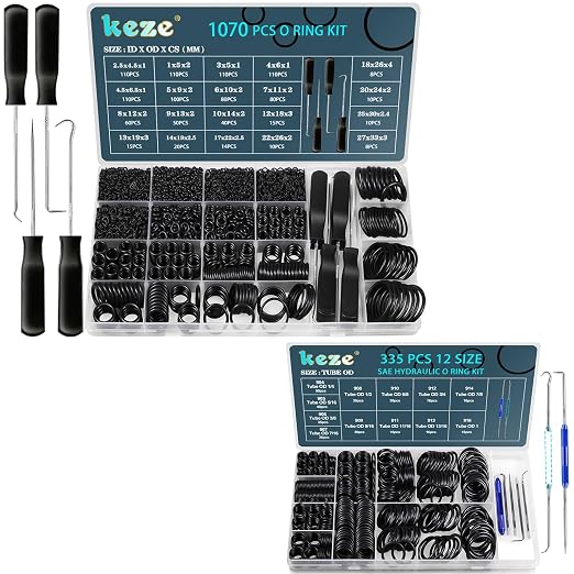 KEZE 335 Pcs Hydraulic O-Ring SAE 900 Series and 1070 Pcs 20 Size O Rings Assortment Kit with Pick and Hook Set
