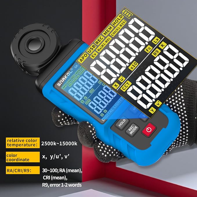 Spectral Illuminance Meter SK-8302A Light Meter, Lux Meter, CCT,RA,CRI,R9,Range up to 200,000 Lux 2500K-15000K, Color Coordinate,Data Storage, USB Charger, PC Software,Lighting Testing Tool