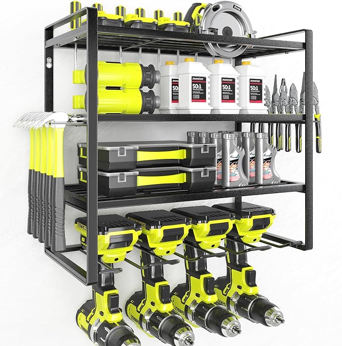 KAFAHOM Power Tool Organizer, Garage Tool Organizers and Storage,Drill Holder Wall Mount, Storage Rack for Cordless Drill, Heavy Duty Tool shelf with Screwdriver Holder/Pliers Holder/Hammer Holder