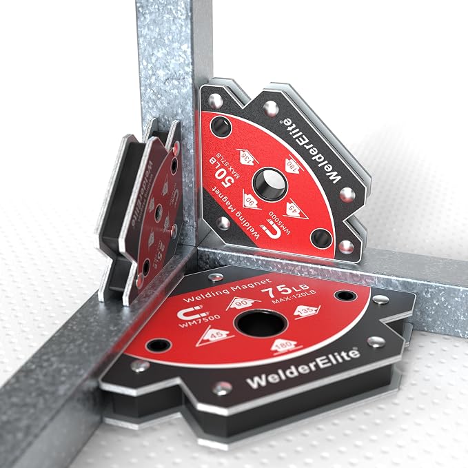 Welding Magnets 6-Pack: 2×25LB, 2×50LB, 2×75LB, Arrow Holder 45°/90°/135°, Galvanized Steel | Galvanized steel frame resists heat. Kit for light tack to heavy structural welding. Ideal for pro MIG/TIG/stick shop use