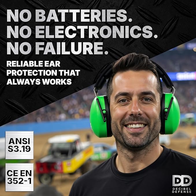 DECIBEL DEFENSE Professional Safety Ear Muffs 37dB NRR - The HIGHEST Rated & MOST COMFORTABLE Ear Protection for Shooting & Industrial Use - THE BEST HEARING PROTECTION...GUARANTEED (SAFETY GREEN)