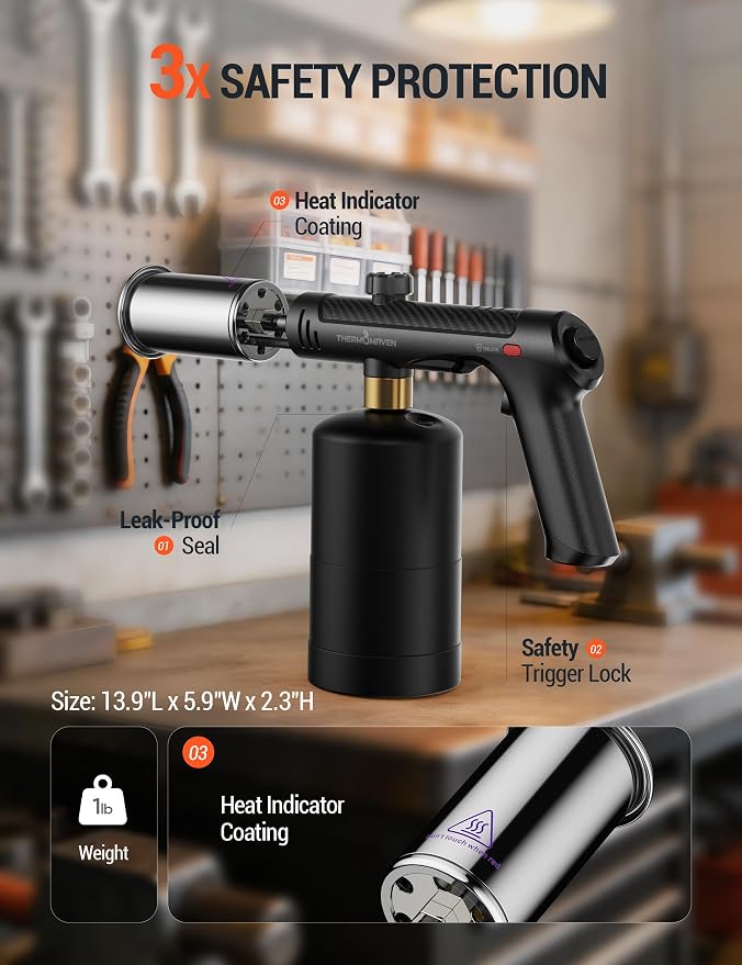 ThermoMaven Propane Torch with One-Touch Max Fire, Blow Torch Gun with Safety Lock, Charcoal Lighter Flame Thrower, Kitchen Food Torch Head for Grill, Sous Vide, BBQ, Stealth Carbon(Tank Not Included)
