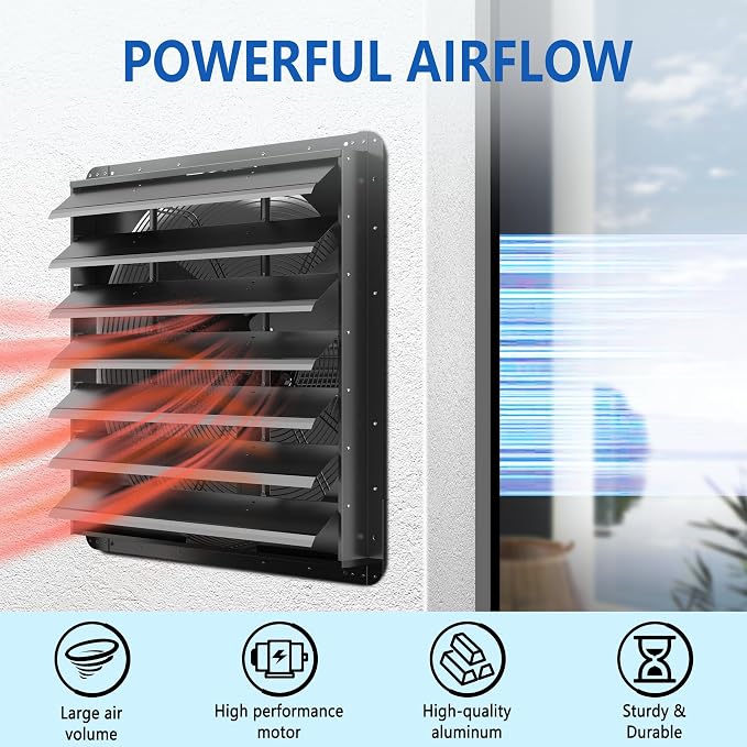 30 Inch Shutter Exhaust Fan, Aluminum Wall Mounted Exhaust Fan,7207 CFM High Speed Automatic Louvered Vent Fan for Greenhouse, Factory,Shop,Garage, ETL Listed