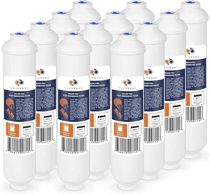 Aquaboon T33 Inline Post Activated Carbon Water Filter for Refrigerator, Ice Maker w/Quick Connect for 1/4 Water Line Compatible with ICF-10, 12-Pack