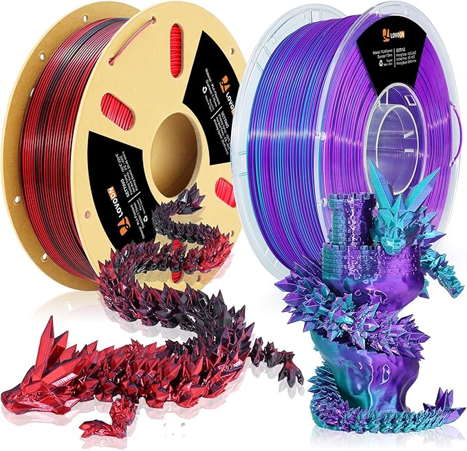 LOVOON Silk PLA Filament 1.75mm, 2KG Bundle 3D Printer Filament, 3D Printing Filament Shiny Change by Angle, Dual Color Black/Red and Blue/Purple, 1KG X 2 Spools