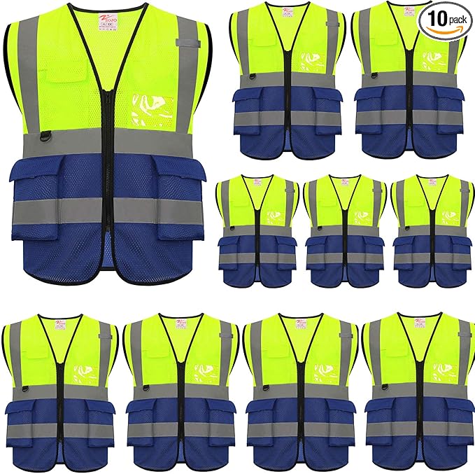 zojo High Visibility Safety Vests With Pockets, Pack of 10,Wholesale Reflective Vest for Outdoor Works, Cycling, Jogging, Walking,Sports - Fits for Men and Women(XL- Mesh-Mix Yellow & Blue)