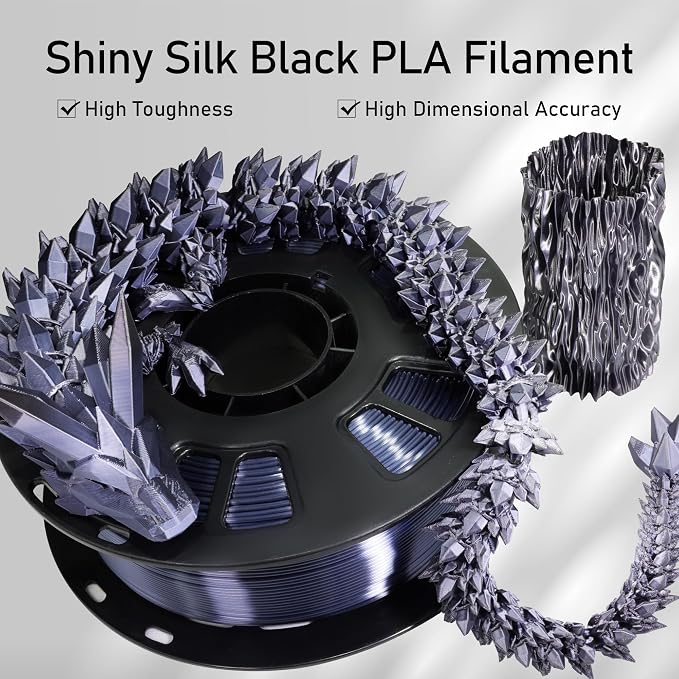 Silk Black PLA Satin Shiny 3D Printer Filament, 1.75mm Diameter 1kg Spool 2.2lbs for FDM 3D Printers