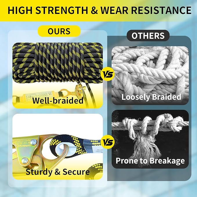 100FT Fall Protection Safety Rope, Heavy Duty Vertical Lifeline Assembly with Grab Snap Hooks Shock Absorber, Safety Lanyard for Roofing Tree Climbing Construction
