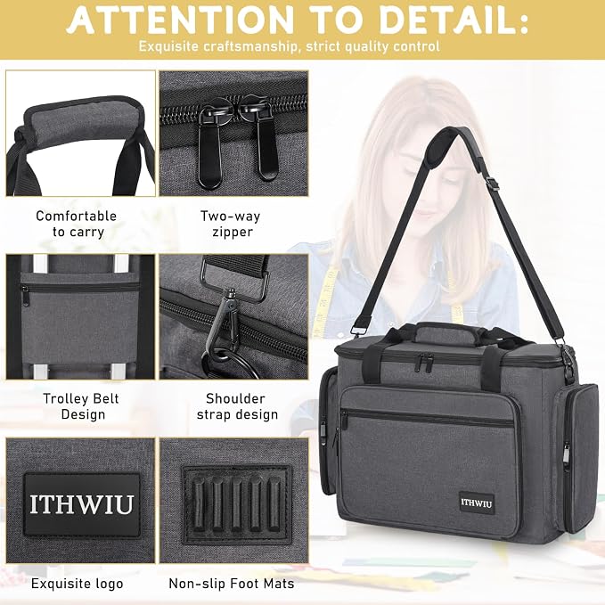 Sewing Machine Case with Wheels, Universal Rolling Trolley Tote with Shoulder Strap & Multiple Storage Pockets Compatible with Most Standard Singer, Brother, Janome, Grey