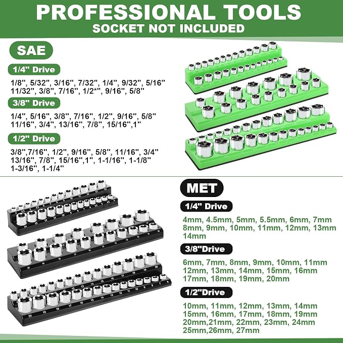 Blulu 8 Pcs Magnetic Socket Organizer & Magnetic Wrench Organizer Set 1/4", 3/8", 1/2" Socket Holder, 24-slot Drawer Storage Rack Tool Tray SAE (1/4" to 1-1/16"), Metric (6mm to 24mm) Black Green