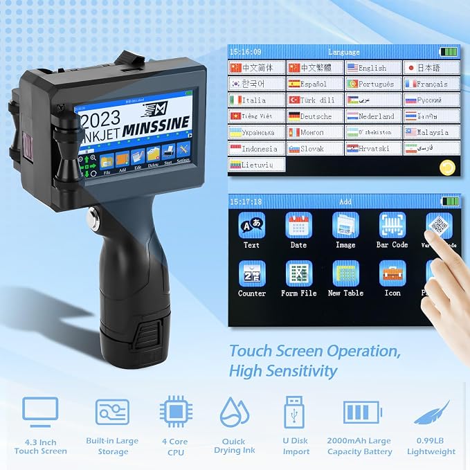 Handheld Inkjet Printer Gun MS-Z10 with 42ml Quick-Drying Ink Cartridge Portable Handheld Printer for Text/Barcode/Logo/QRCode/Counter/Batch Number/Date Coder(Printing Height: 0.08-0.5Inch)
