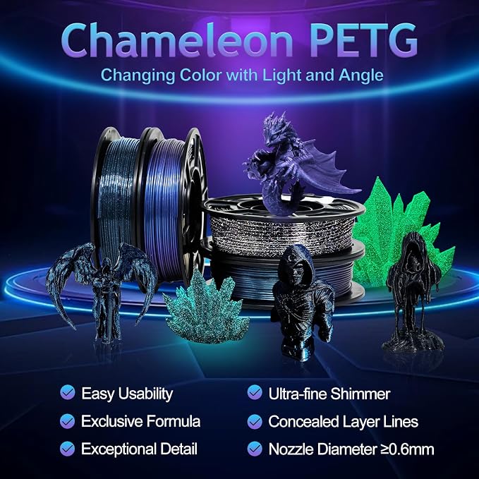 YOUSU 3D Printer Filament Galaxy PETG Filament 1.75mm +/- 0.02mm,Glow in The Dark Laser Chameleon Series 3D Printing Filament Bundle,Multi Color Filament 250g X 4 Color Pack