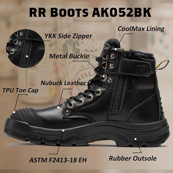 ROCKROOSTER Work Boots for Men, steel toe, 6 inch, Side Zipper, Construction Work Boots, Comfortable, Slip-Resistant, EE wide, ASTM F2413-18, EH Rated AK052 AK052BK