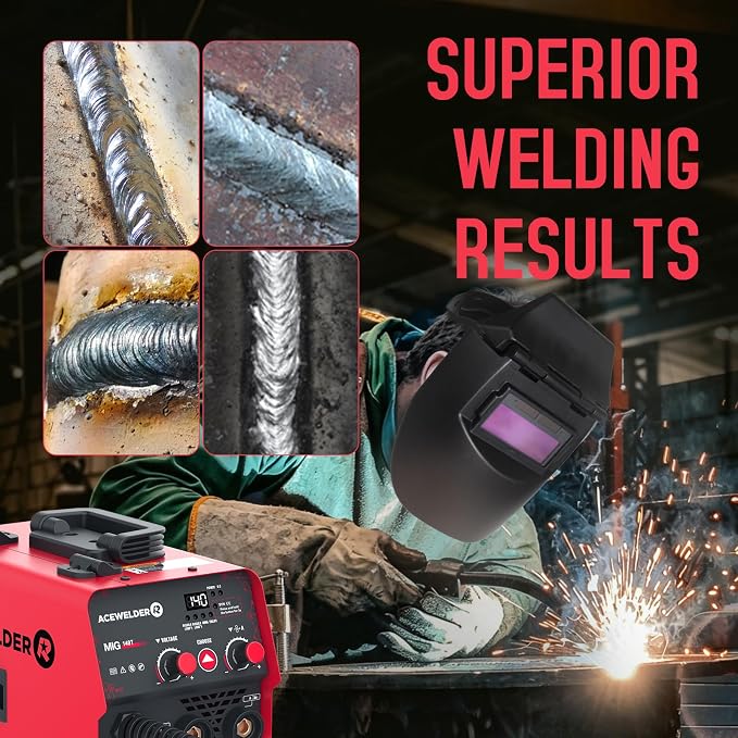 ACEWELDER 140A Gasless Flux Core MIG Welder/Lift TIG/Stick 3 in 1 Welding Machine 110V Portable IGBT Inverter Synergy Welder Machine with Helmet (red)