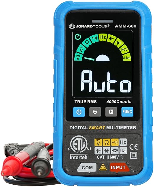 Jonard Tools AMM-600 Automatic Intelligent Digital Multimeter ETL Certified 4000 Counts TRMS, Test A/C D/C Voltage, Resistance, Continuity, Frequency, Capacitance, Diode, NCV, and Live Wire, 600V
