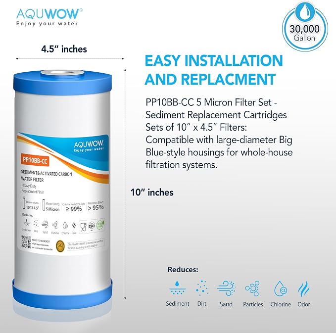 PP10BB-CC 5 Micron 4.5" x 10" Water Filter Set – Polypropylene Replacement Cartridges for Whole House Systems, Big Blue Compatible Filters (2, 10 x 4.5)