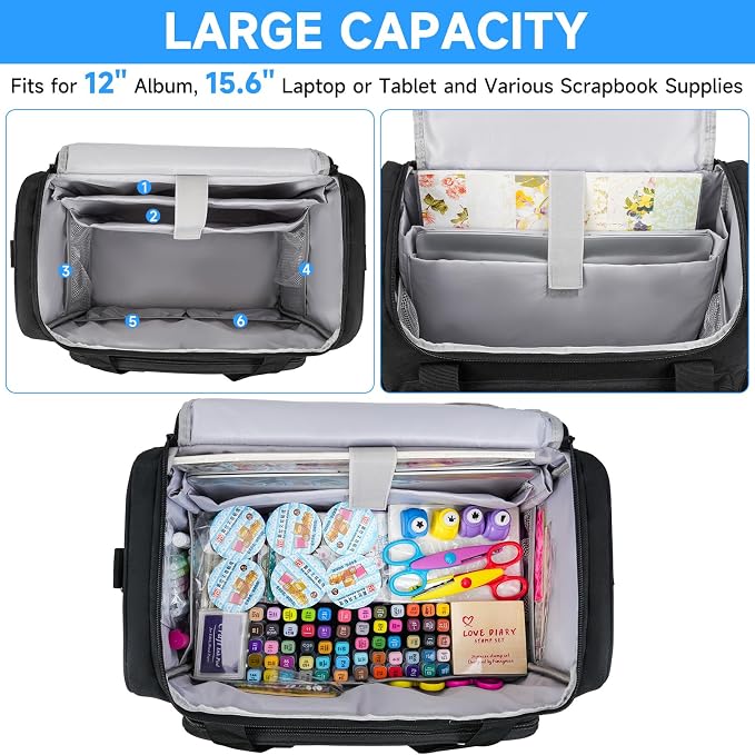 Craft Bag for Scrapbook Supplies, Large Scrapbook Tote with 15.6'' Laptop Sleeve, Art Supply Storage Bag with Multiple Pockets for Scrapbooking Tools, Black