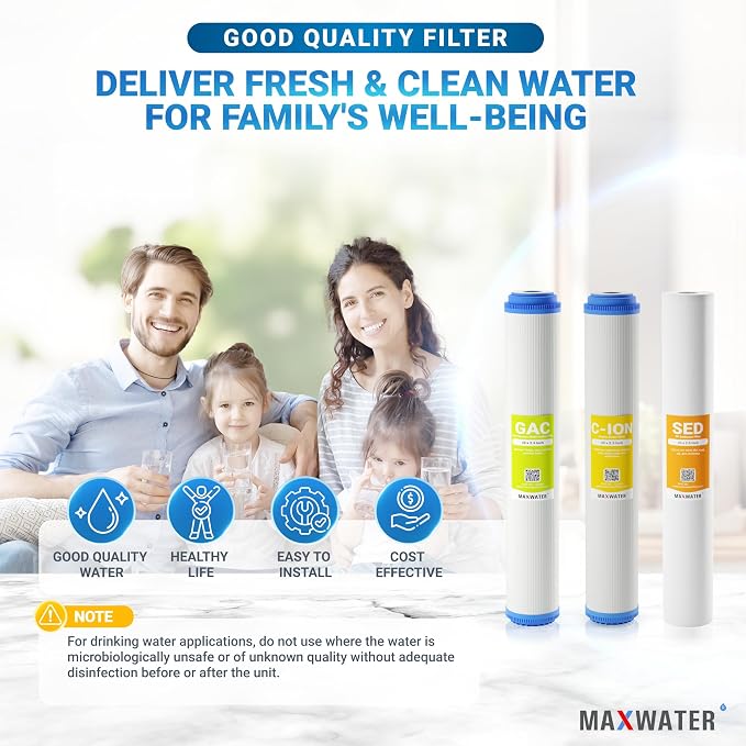 (3 Pack) Max Water Whole House Water Filter Set 20" x 2.5" Slim Blue Cation Resin, GAC Carbon, PP Sediment Water Filters for 20" Slim Blue Whole House Filtration Systems