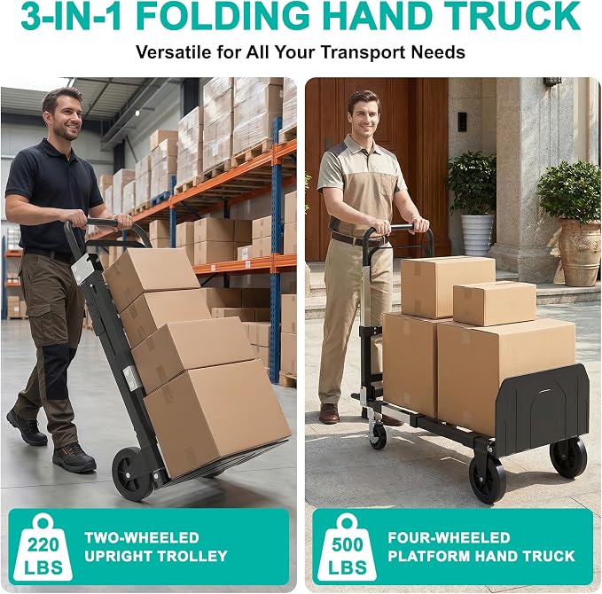 3-in-1 Folding Hand Trucks, 500lbs Convertible Dolly, Dolly Cart with Wheels Heavy Duty, Moving Cart with Retractable Handle, Collapsible Trolley for Moving Office/Home/Warehouse/Boxes/Cartons (Black)
