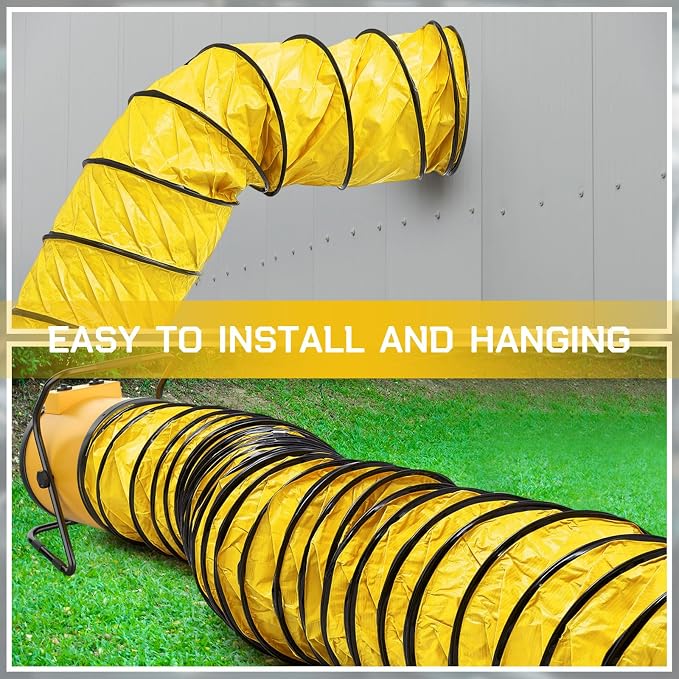 Pangda 1 Pack 25ft Duct Hosing PVC Flexible Ducting Hose 12 Inch HVAC Duct Hosing Flame Retardant with Stainless Steel Air Ducting Clamps Adjustable Hose Clamps for Utility Blower, Yellow