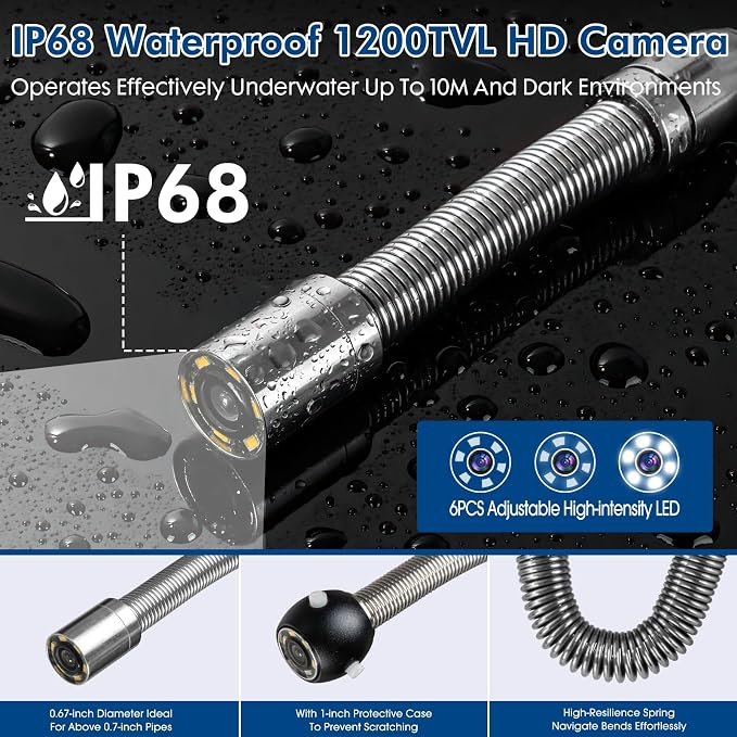 Sewer Camera 100ft,SPRIDRAIN Drain Pipe Camera HD 5in Screen with 32GB DVR,Waterproof IP68 Works Underwater Up to 10Meters Sewer Inspection borescopes for Plumber(Fits Pipes>0.7" Diameter,100ft/30M)
