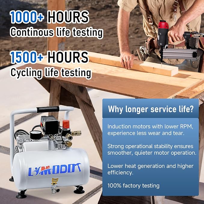 Quiet Oil-Free Electric Air Compressor, 68 dB, 1 Gallon Air Tank | Steel Tank Compressor for Woodworking, Nailing, Garage Use, Car Inflation and Pneumatic Tools, Includes Air Hose Kit