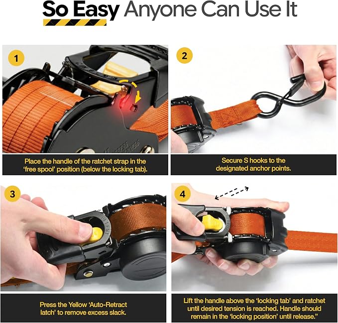 AUGO Retractable Ratchet Straps | 4 Heavy Duty Self Retractable Tie Down Straps with Soft Loops & Storage Bag for Motorcycle, Truck, Trailer, Cargo Van | 1200 Lb Break Strength 1' x 10'