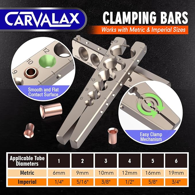 CARVALAX 45° Precision Eccentric Flaring Kit，Metric/Imperial Clamps (2 Clamps) for 6-19mm & 1/4"-3/4" Pipes, Includes Cutter, Deburring Tool & Hard Case for HVAC & Refrigeration Repair