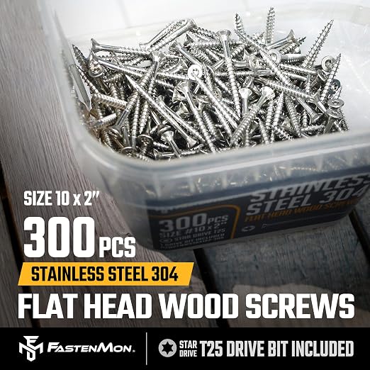 304 Stainless Steel Deck Screws, #10 x 2, 300 PCS | Torx Flat Head Type 17 Point with T25 Bit, Ideal for Outdoor Wood Projects, Fences, Benches, Picnic Tables, Decks, Bulk Box