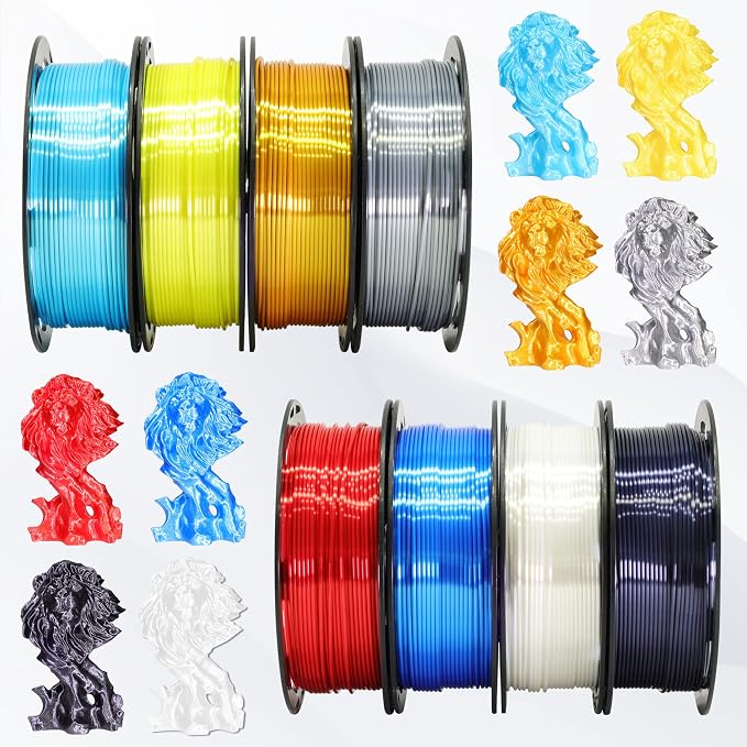 BBLIFE 1.75mm 8 Spools Silk Shiny 3D Printer PLA Filament Bundle Pack: 8 Silk Shiny Colors: Gold Silver White Black Green Purple Red Blue, Each Spool 250g, 8 Spools, Total 2Kg 3D Printing Filament