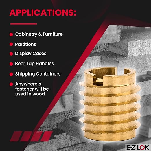 E-Z LOK Knife Threaded Insert for Hard-Wood, Brass Thread Inserts 3/8-16 Internal Threads, 0.625" Length Pack of 10
