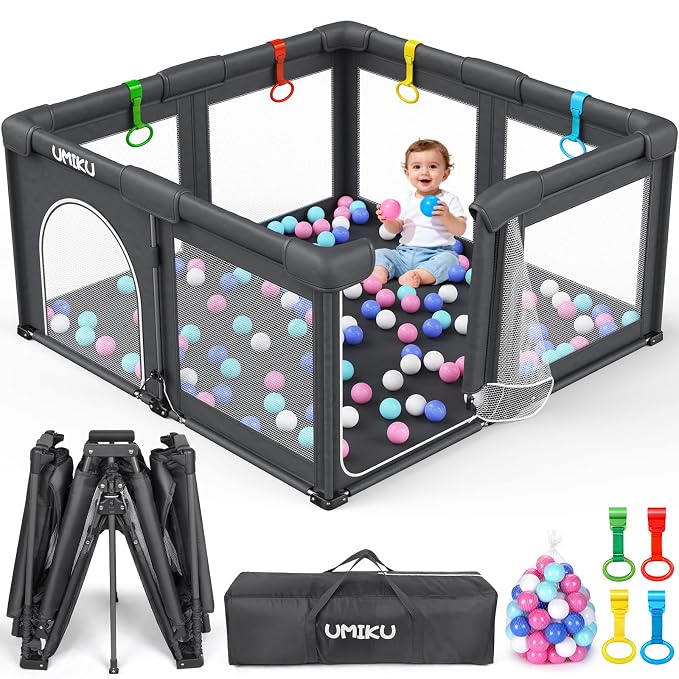 Baby Playpen Foldable Playpen for Babies and Toddlers, Large Playpens Portable Play Pen Play Yard for Kids Fence Indoor Outdoor Travel 4 Handlers 50 Balls Baby Gifts Essentials 50"X50" Dark Grey