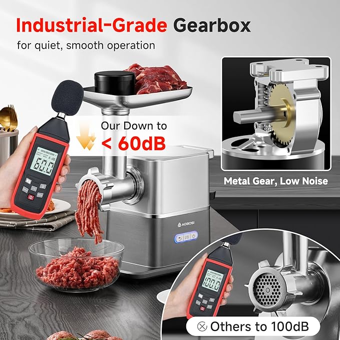 AAOBOSI Meat Grinder Electric 3000W Max with 60dB Quiet DC Motor, Auto-Reverse & Storable Food Pusher - 3 Speed Settings,Grinding, Sausage & Kibbe Making for Home Use
