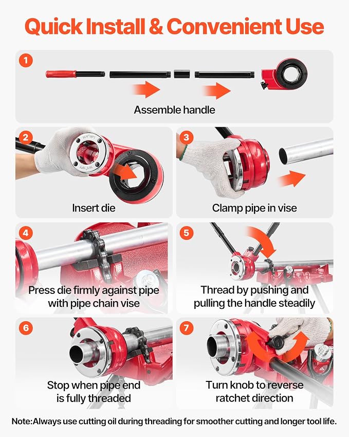 VEVOR Ratchet Pipe Threader Kit with 6 Dies, 1/2" NPT to 2" NPT Manual Ratcheting Pipe Threading Tool, Portable Pipes Threader Set with Toolbox for Plumbing Installation & Repair