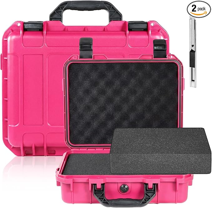 Relaxweex 1 Pcs 11.3 x 12.4 x 6.5 Inch Waterproof Hard Case with DIY Customizable Foam Insert Portable Protective Case with Knife for Camera Drones Equipments Tools Test Instruments(Rose Red)