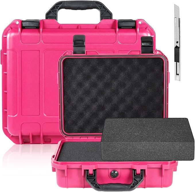 Relaxweex 1 Pcs 14.3 x 11.4 x 4.5 Inch Waterproof Hard Case with DIY Customizable Foam Insert Portable Protective Case with Knife for Camera Drones Equipments Tools Test Instruments(Rose Red)