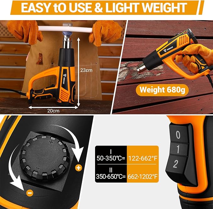Heat Gun Hot Air Gun: DEKOPRO 1800W Heat Guns with Variable Temperature Control 120℉-1200℉/50℃- 650℃, Heat Guns for Crafting, Vinyl Wrap, Shrink Wrap with Overload Protection & 4 Nozzles