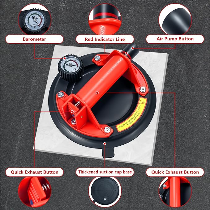 2 Pack 8" Heavy Duty Suction Cups to Lift Large Glass,Max Load 960lbs Window Suction Cups,Powerful Industrial Tile Suction Cup Tool for Glass, Granite,Marble