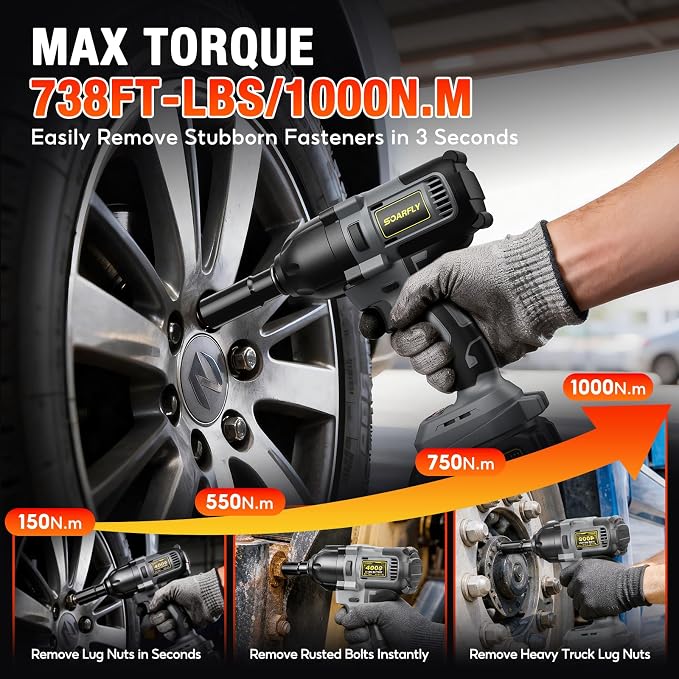 SOARFLY 1/2" Cordless Impact Wrench, 738 Ft-lbs (1000 N.m) High Torque 21V Brushless Electric Impact Gun with 2x 4.0Ah Batteries, Impact Driver with LED Light, 6 Sockets for Home Car/Mower/Truck RV