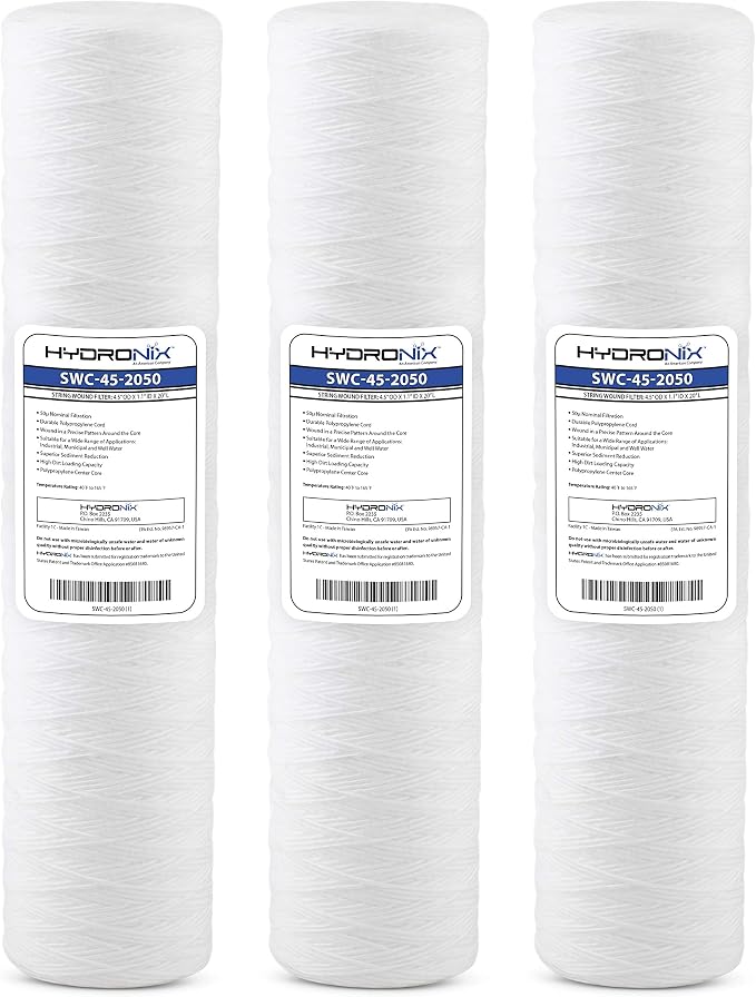 Hydronix HX-SWC-45-2050/3 String Wound Water Filter Cartridge For Whole House, Well, Commercial 4.5" x 20", 50 Micron 3 Pack, White