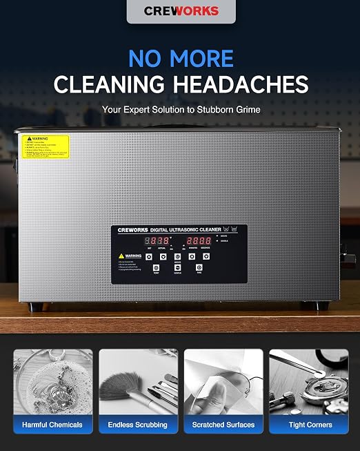 CREWORKS 22L Digital Ultrasonic Cleaner with Degas Gentle Modes, 5.8 gal. Ultrasonic Cleaning Machine, 480W Professional Ultrasound Cleaner with 600W Heater & 30 min Timer for Auto Machine Parts Tools