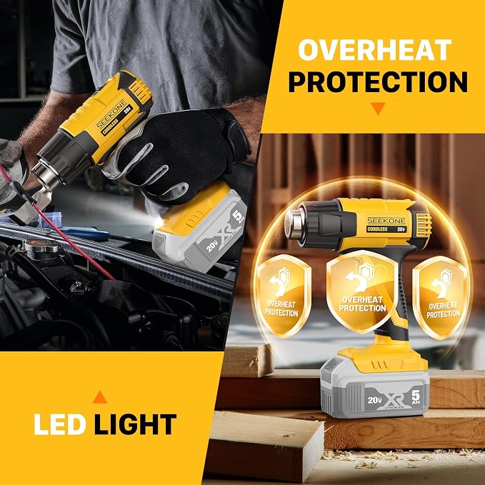 SEEKONE Cordless Heat Gun with 2 Temp Settings 1022℉ and 572℉, Compatible with Dewalt 20V Battery, Fast Heating Hot Air Gun with 3 Nozzles for Shrink Tubing, 3D Printing, Crafting (No Battery)
