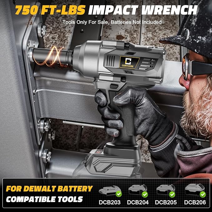 Cerycose Cordless impact Wrench 1/2 inch Compatible with Dewalt 20V Battery, 750FT-LBS (1000N.m) Brushless Electric Impact Gun with LED Work Light & 6 Sockets, High Torque Impact Driver, Bare Tool