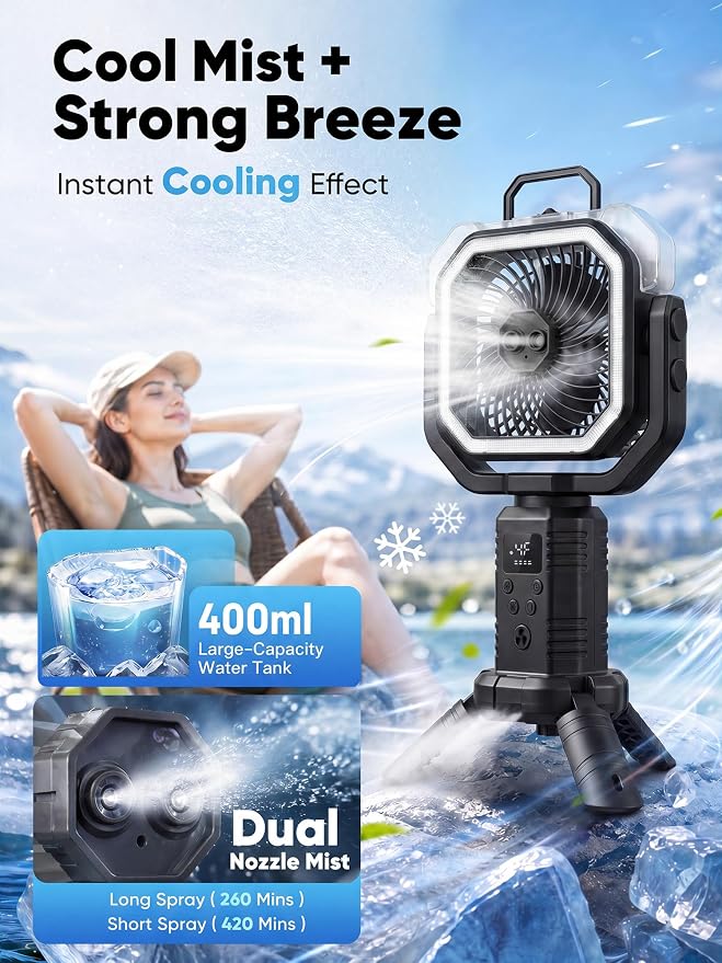 Portable Misting Fan, Rechargeable Camping Fan with 400ml Tank, 20000mAh Battery, Remote Control, LED Light, 4 Speeds, Oscillating Outdoor Fan for Tent, Patio, Beach, RV, Garage, Indoor Outdoor, Black