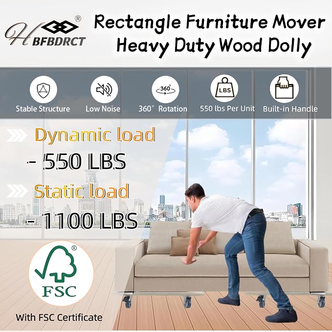 Furniture Dolly 4 Wheels, Furniture Movers, 2 Packs 2200 lb Load Capacity Heavy Duty Real Wood Dolly, Multifunctional Moving cart with 4 Soft Rubber Silent Wheels （2 with Brake+ 2 Without）