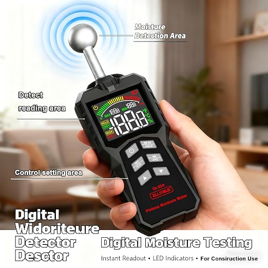 GL62A Pinless Moisture Meter, Spherical Induction Detector for Wood Walls Concrete, Non-Destructive Moisture Tester with LED Light, 0-100% Range, 5-40mm Depth