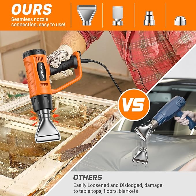 SEEKONE Heat Gun 1800W Heavy Duty Fast Heat Hot Air Gun Kit with 752℉&1112℉（400℃-600℃） Dual-Temperature Settings and 4 Nozzles with Overheat Protection for Crafts, Shrinking PVC, Stripping Paint