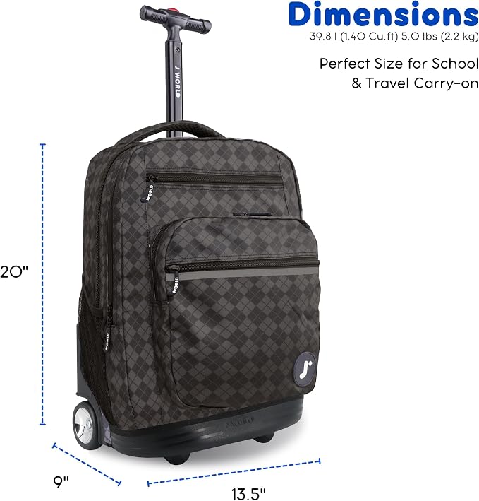 J World Sundance Laptop Rolling Backpack for Girls Boys. Roller Bookbag with Wheels, 20 Inch, Argyle Black